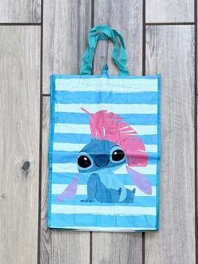 Disney Lilo & Stitch Reusable L Tote Bag Blue Striped with Pink Leaf